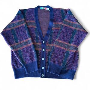 Made in Italy Vintage Cardigan Wool Blend Sweater in Purple and Blue L